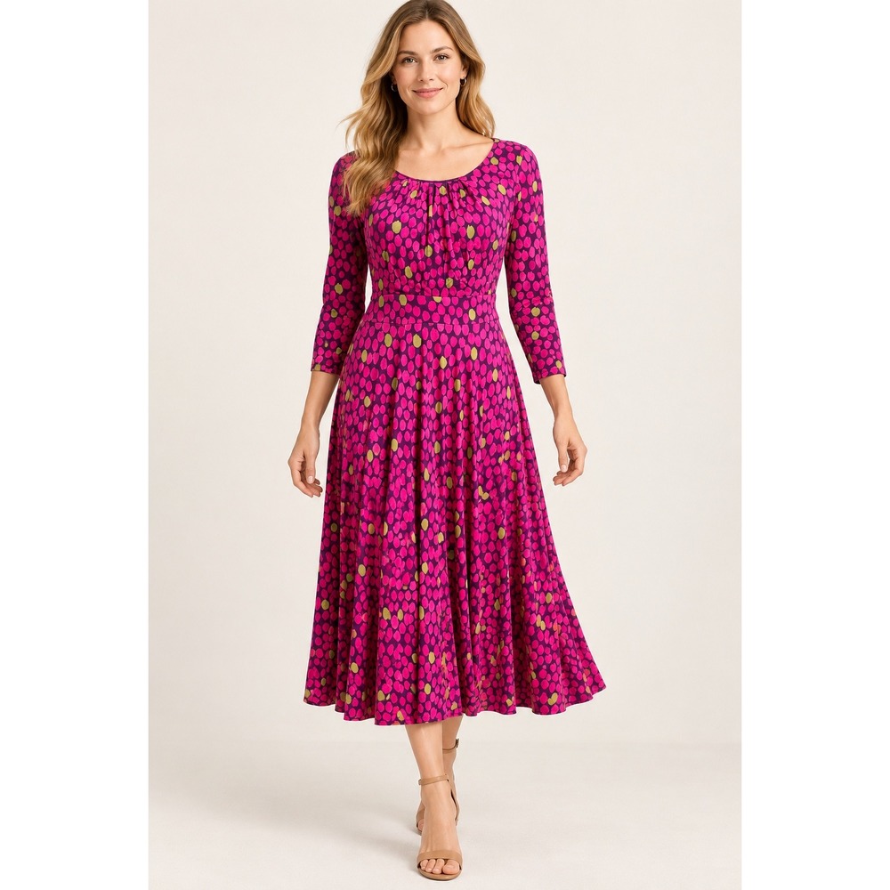 Boden Midi Dress Womens 6L Pink Green Dot Jersey 3/4 Sleeve Excellent A-Line